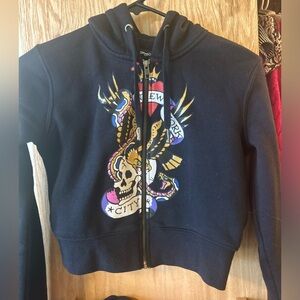 ed hardy black zip up hoodie size small cropped